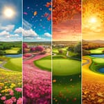 Golf course in Texas showcasing all four seasons: vibrant spring flowers in bloom, lush green fairways in the summer, colorful autumn foliage, and mild winter sunlight, with golfers playing in each scene.