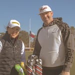 Mike Johnson of Piretti Golf and LPGA golfer Kelly Tan on the golf course, using Piretti Golf putters and equipment.