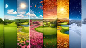 Golf course in Texas showcasing all four seasons: vibrant spring flowers in bloom, lush green fairways in the summer, colorful autumn foliage, and mild winter sunlight, with golfers playing in each scene.