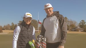 Mike Johnson of Piretti Golf and LPGA golfer Kelly Tan on the golf course, using Piretti Golf putters and equipment.